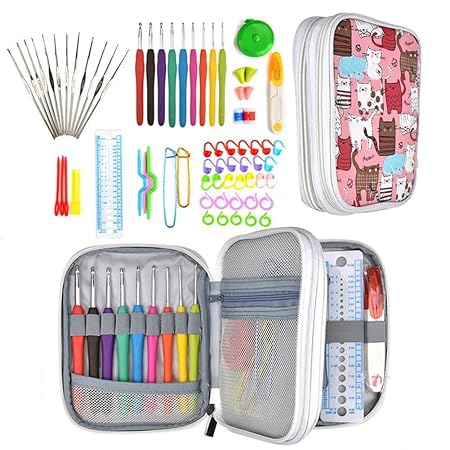 Augproveshak Häkelnadel-Set – insgesamt 72 x ergonomische Häkelnadeln Set mit komplettem Häkelzubehör & Tasche mit Doppelreiß
