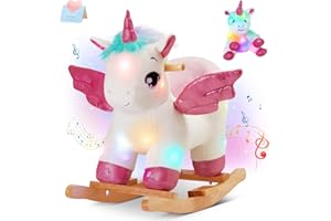 Glow Guards Light Up Musical Unicorn Baby Rocking Horse Set of 2 with Safety Belt White Unicorn Rocker Baby Rocking Chair Ride on Unicorn for Toddlers 1-3