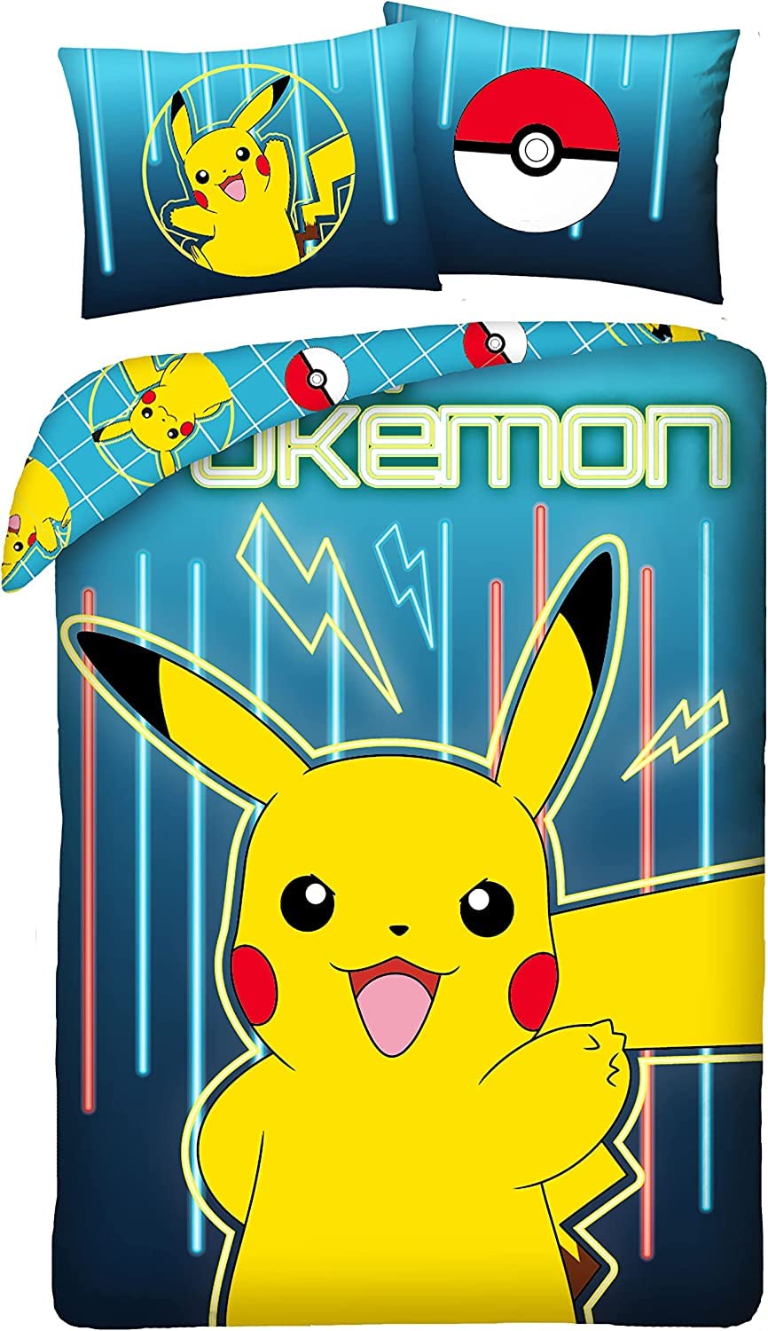 Halantex Bed Linen Set Pokemon Picachu Yellow Blue, 2 Pieces Set. 140x200 cm + 1 Pillowcase. 100% Cotton Oeko-Tex