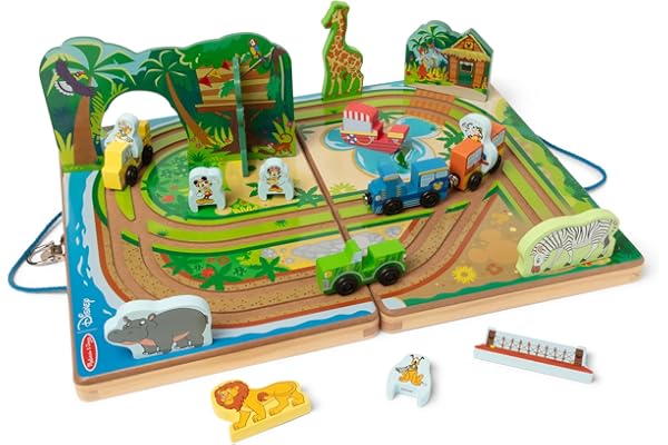 Melissa & Doug Disney Take-Along Safari Adventure Wooden Play Set with Built-in Tracks – 20 Pieces | Mickey Mouse, Minnie, Wo