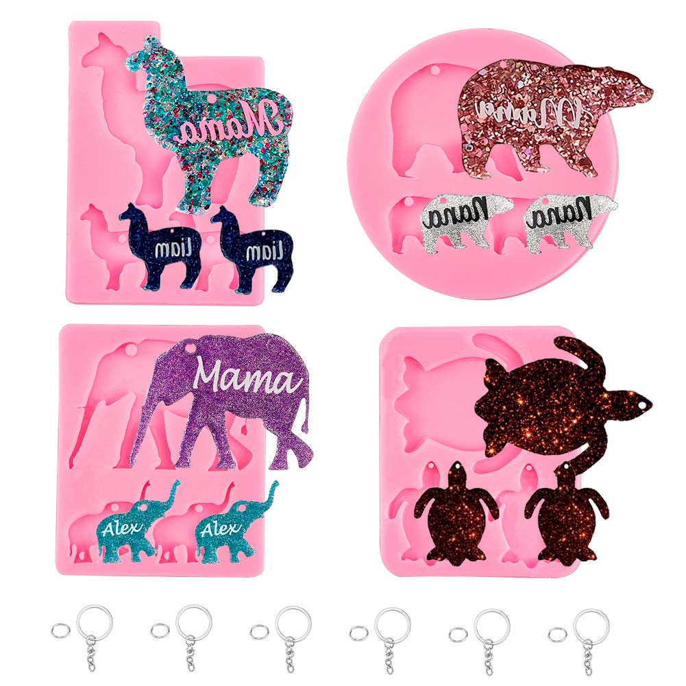 OLYCRAFT 74pcs Animal Keychain Silicone Molds Turtle Elephant Bear Llama Keychain Resin Casting Molds with Hole for DIY Keychains and Homemade Desserts