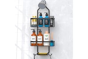 Kadolina Bathroom Hanging Shower Organizer, Over Head Shower Caddy Shower Storage Rack Basket with Hooks for Razor and Sponge