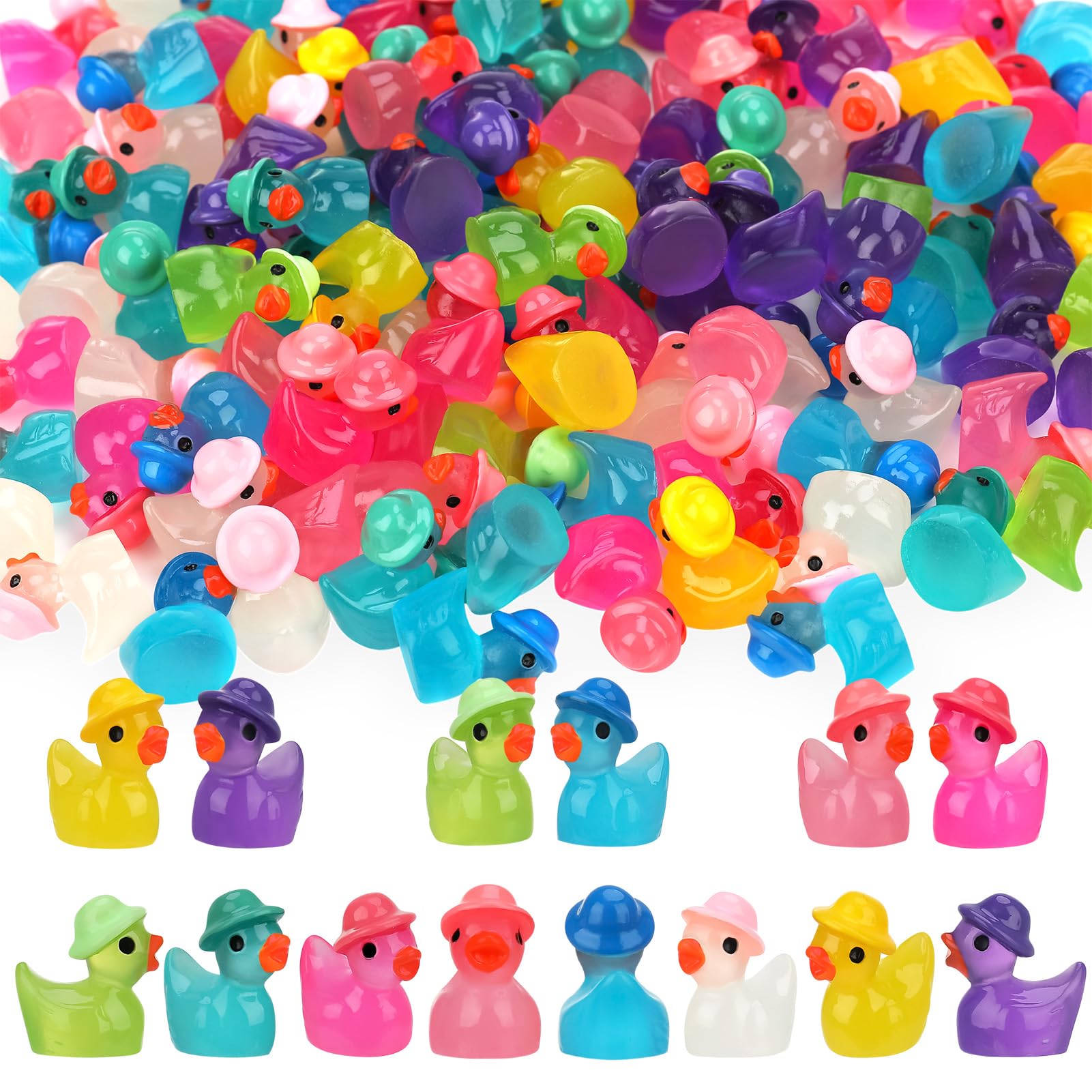 Radsocken 80 Pcs Mini Luminous Resin Animals, Cute Miniature Figures Tiny Ducks, Colorful Ducks Glow in the Dark with Hat Ornament Accessories for DIY Aquarium Decoration, Pot Decoration, Party