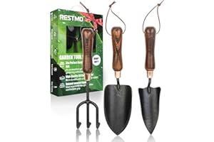 RESTMO 3-in-1 Heavy Duty Gardening Tools Kit, Premium Carbon Steel Garden Tools with Ergonomic Wooden Handle Includes Trowel, Transplanter, and Cultivator, Ideal Gardening Gifts for Women, Gardener