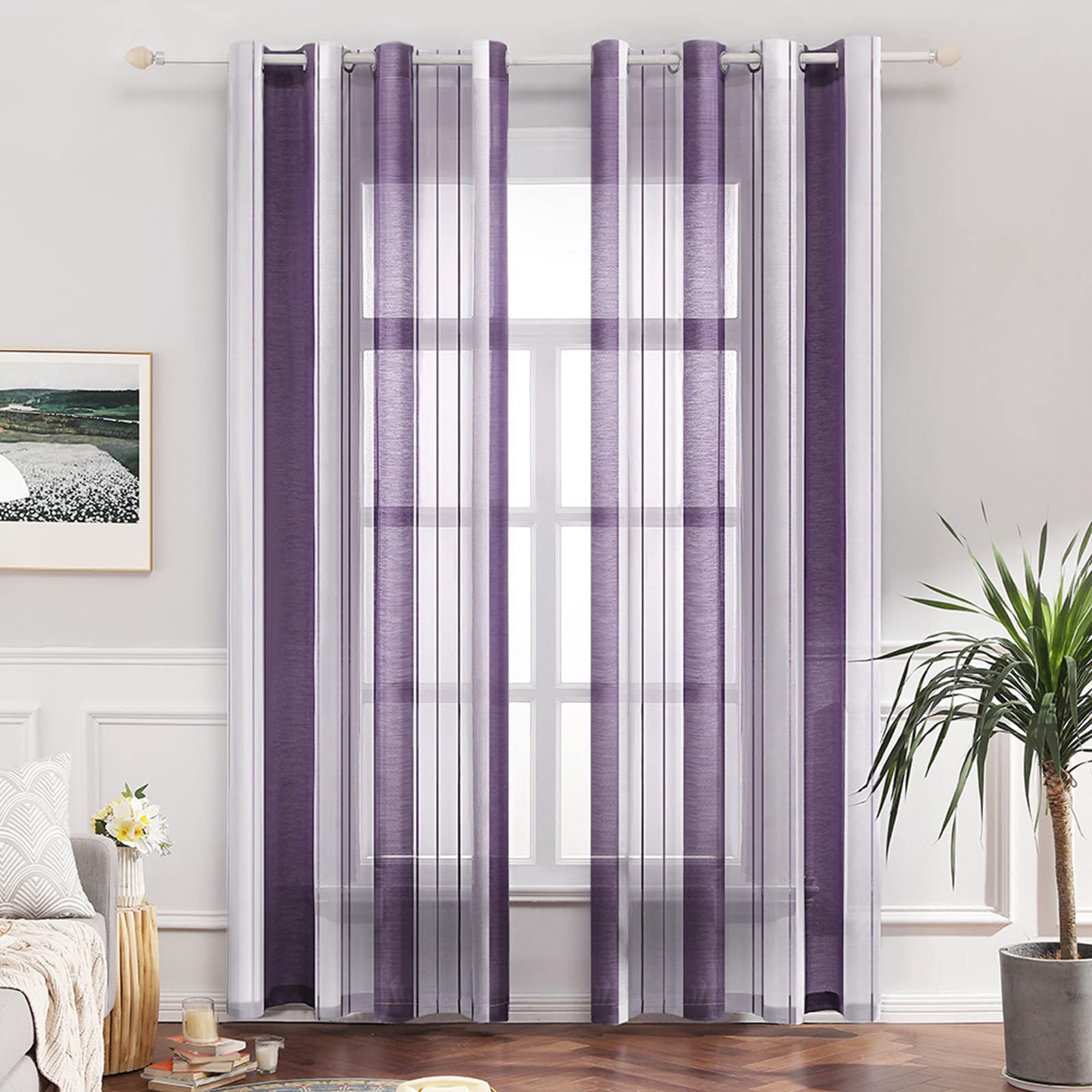 MIULEE Voile Curtains Classic Striped Curtain Translucent Soft Modern Light Filtering Transparent Eyelet Top Window Curtain Polyester for Bedroom Living Room 2 Panels 55" Wx96 L 140x245cm Aubergine โ image 1