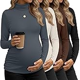 Sweetyweee 4 Pack Women's Maternity Shirts, Turtleneck Long Sleeve Pregnancy Tee Tops Side Ruched Mock Neck Maternity Clothes