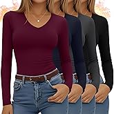 Velvelhall 4 Pack Women's Long Sleeve Thermal Shirts Fleece Lined V Neck Slim Fit Underwear Base Layer Basic Winter Warm Tops