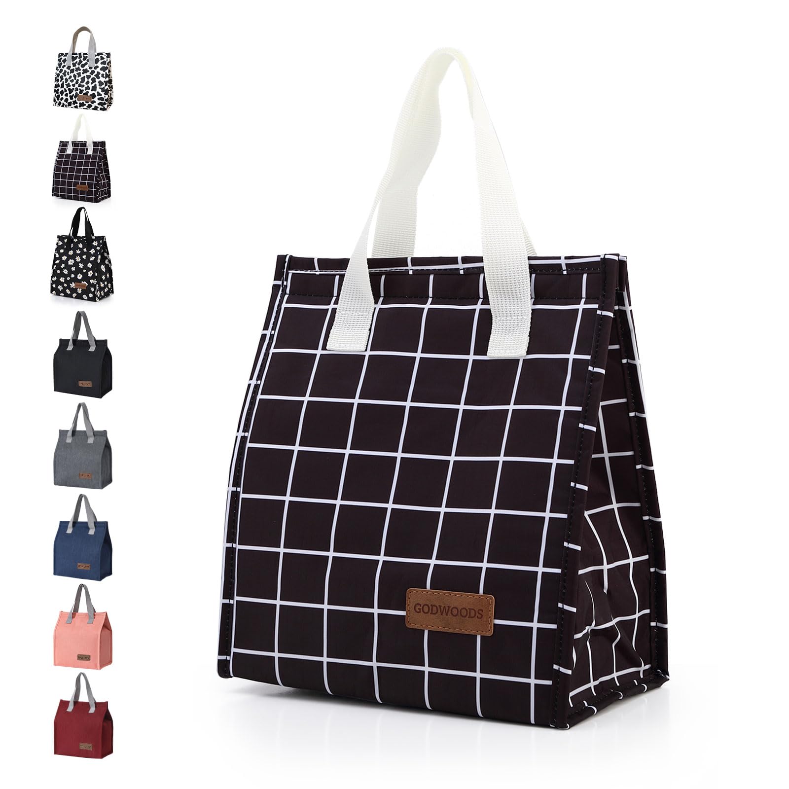 GODWOODS Insulated Lunch Bag for Women Men Large Lunch Box Container Reusable Leakproof Tote for Office, Work, Beach or Travel (Black Grid)