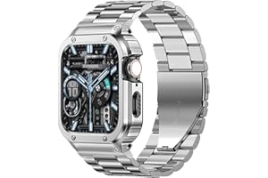 MioHHR Stainless Steel Band and Case Compatible with Apple Watch Band 41mm 40mm 38mm, Men Metal Protective Bumper Cover for iWatch Series 9/8/7/6/5/4/3/2/1/SE/SE2/SE3, Silver