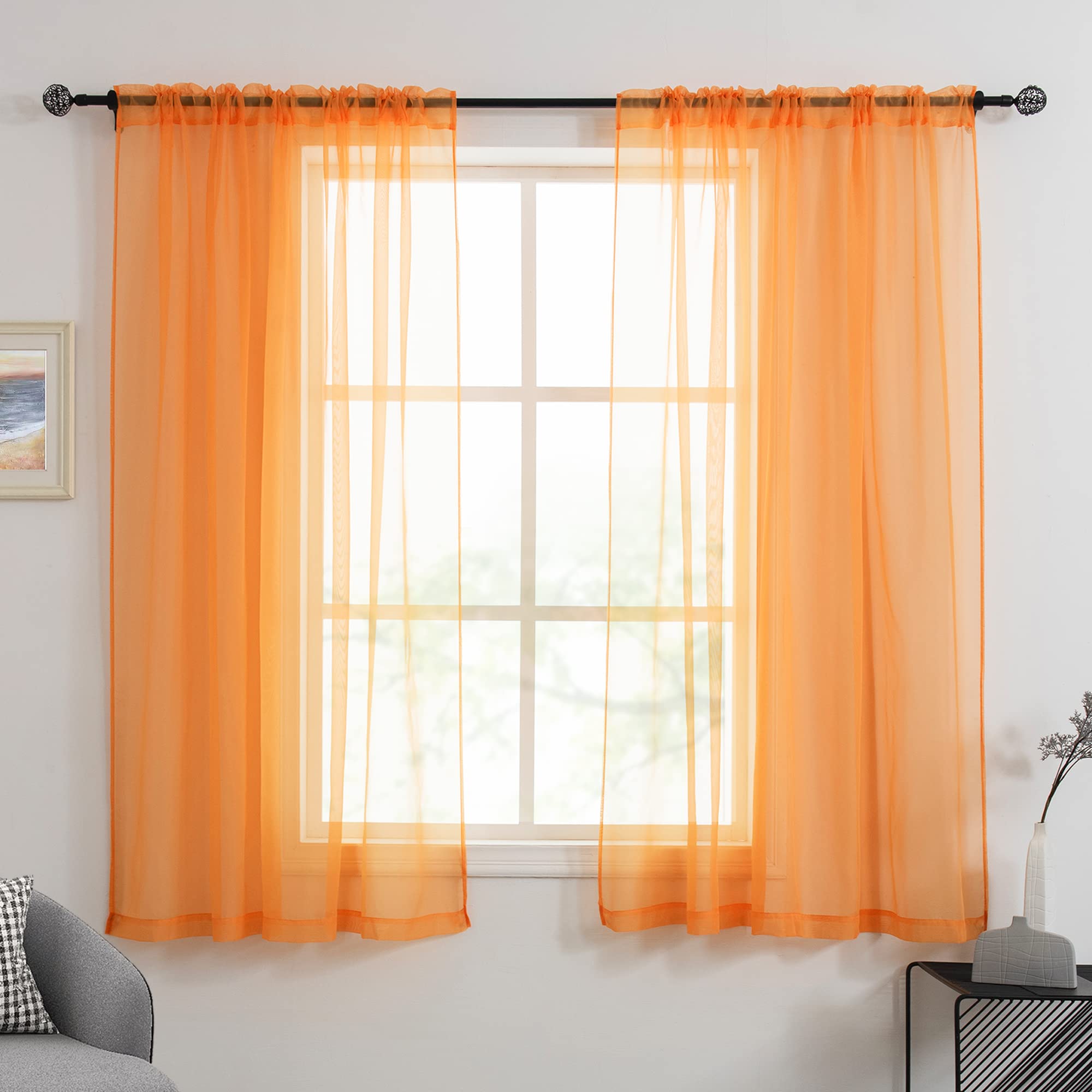 HUTO Orange Sheer Curtains 45 inches Long for Bedroom Top Rod Pocket Sheer Window Panels Curtains for Nursery Living Room 52 by 45 Inch Length Set of 2