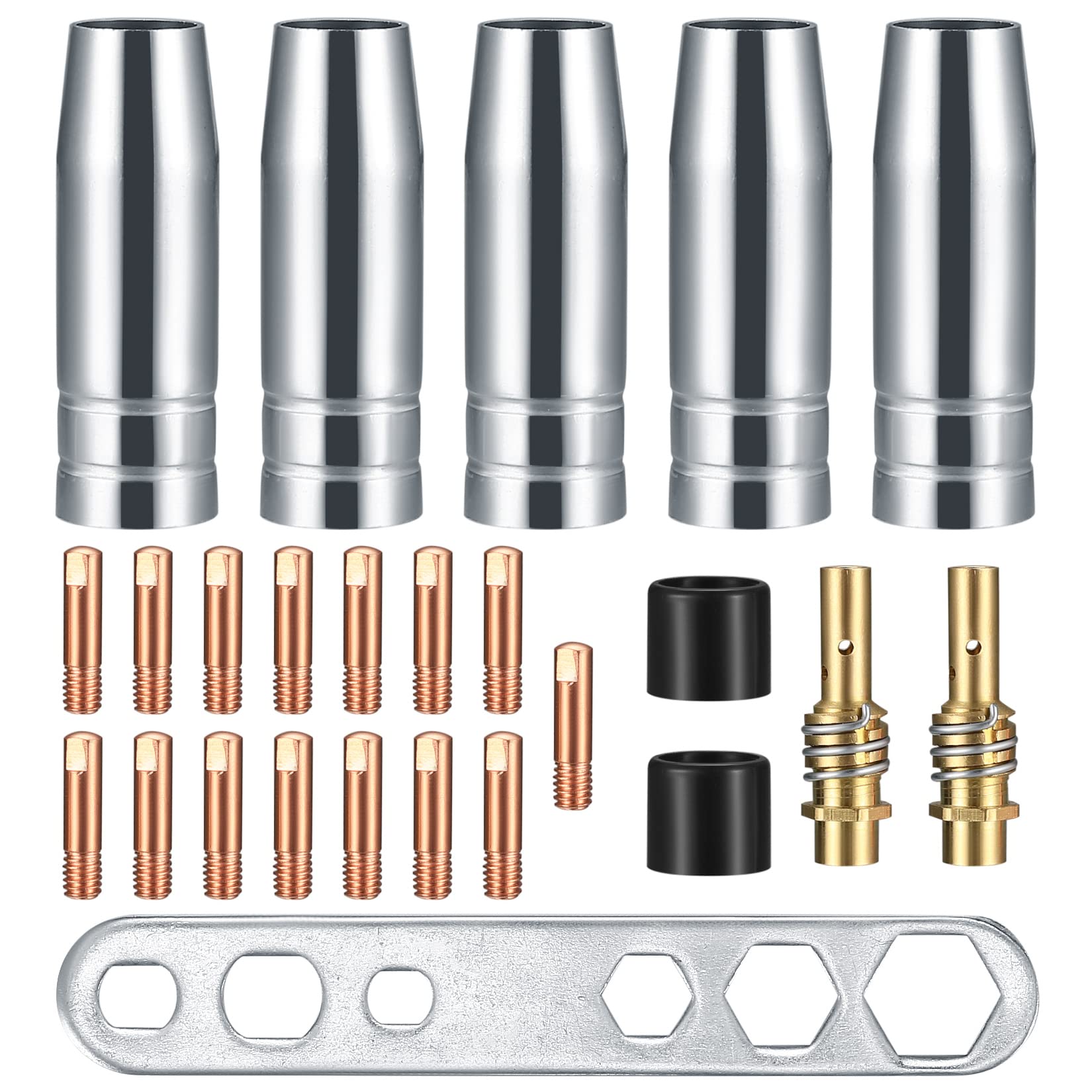 25 Pcs MIG Welding Tips, 15 MIG MAG MB15 15AK Welding Torch Contact Tips 0.8mm M6 & 5 Nozzles & 2 Insulated & 1 Tips Holder Difuser for Welding Gun Accessories, MIG/MAG Welding Torch Consumables