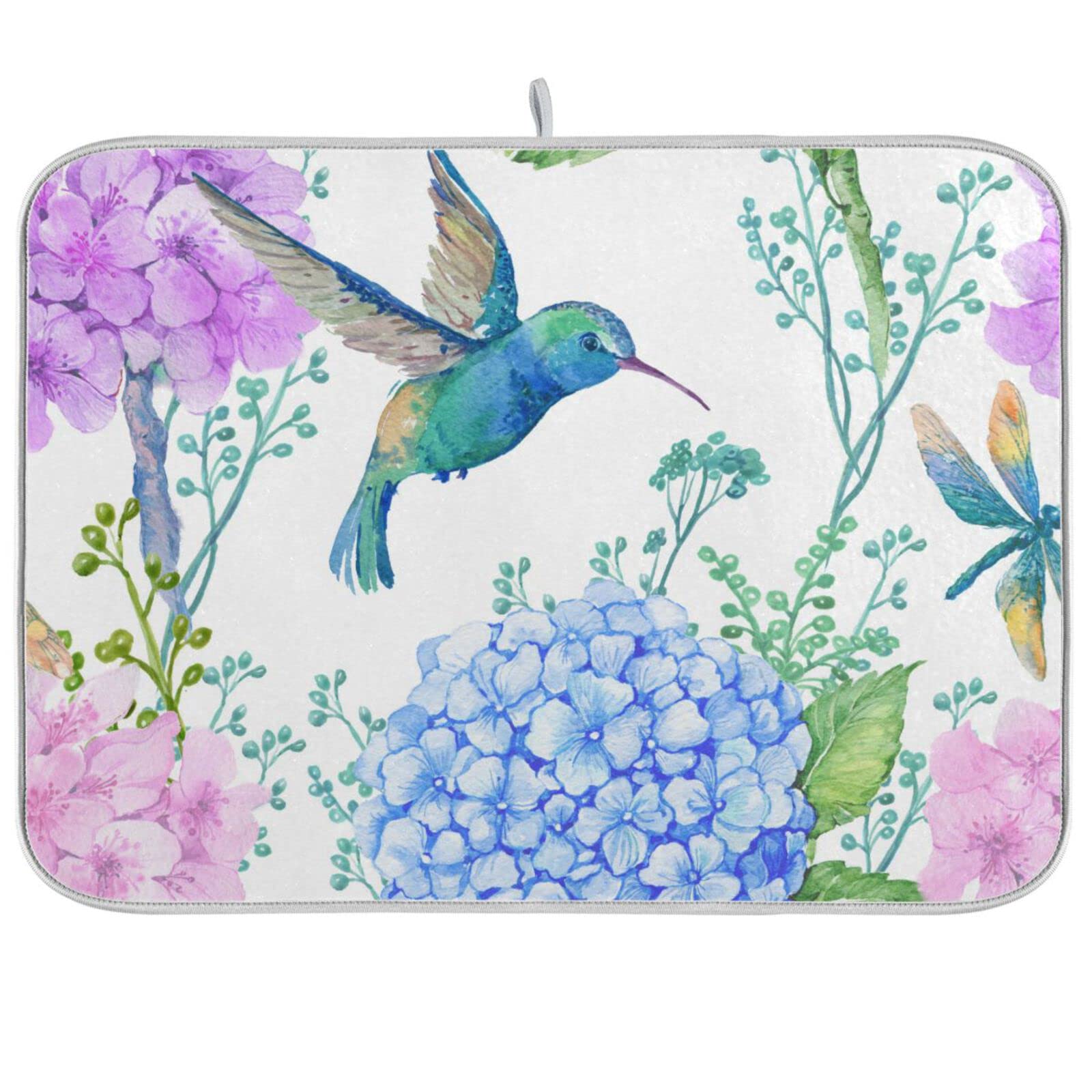 Mnsruu Absorbent Dish Drying Mat Watercolor Flowers Hummingbird Dishes Drainer Protector Pad Pot Holder with Hanging Loop for Kitchen Countertops Sinks Refrigerator 46 x 61 CM, L