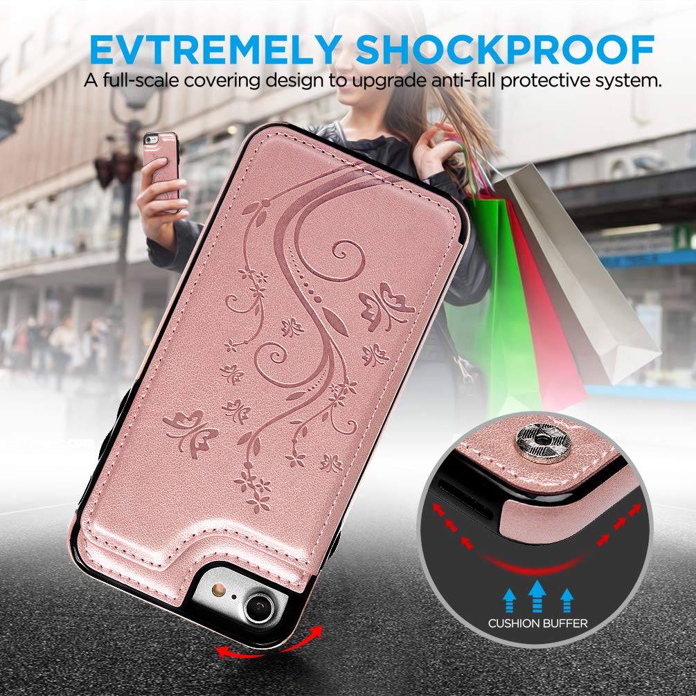 Promixc iPhone 7 Case, iPhone 8 Wallet Case with Card Holder Embossed Butterfly PU Leather Kickstand ID Credit Card Slots Folio Flip Protective Skin Cover for Apple iPhone 7/iPhone 8 Rose Gold