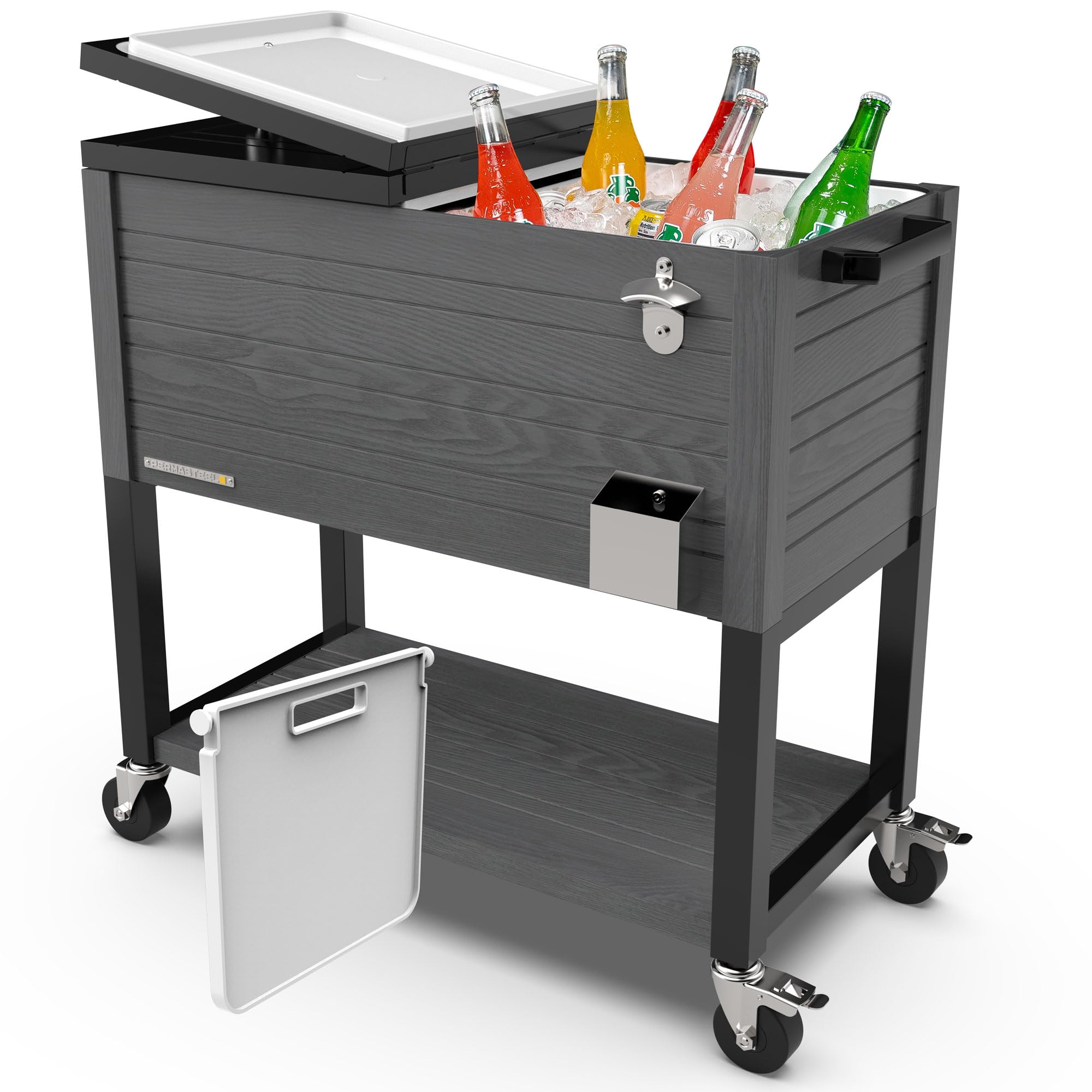 Photo 1 of ** VERY USED ** Permasteel Party Cooler with Divider, Spacious 80-Qt Capacity, Chills 36hrs, Rolling Ice Chest for Indoor and Outdoor Entertainment, Wood Grain Finish, Gray