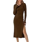 ANRABESS Womens 2025 Fall Long Sleeve Midi Dress Ribbed Knit Bodycon Fitted Button Down Wedding Guest Slit Sweater Dresses