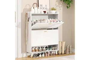 howcool Shoe Storage Cabinet with 2 Flip Drawers, Slim Wooden Freestanding Shoe Cabinet with Coat Hooks, Cubby and Shelf, Hidden Narrow Shoes Rack Organizer for Entryway Hallway, Holds 24 Pairs, White