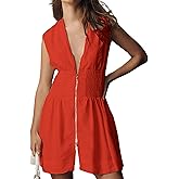 Meyhad Women’s V Neck Summer Dress Cap Sleeve Zipper Mini Dress Smocked Slit Dress with Pockets