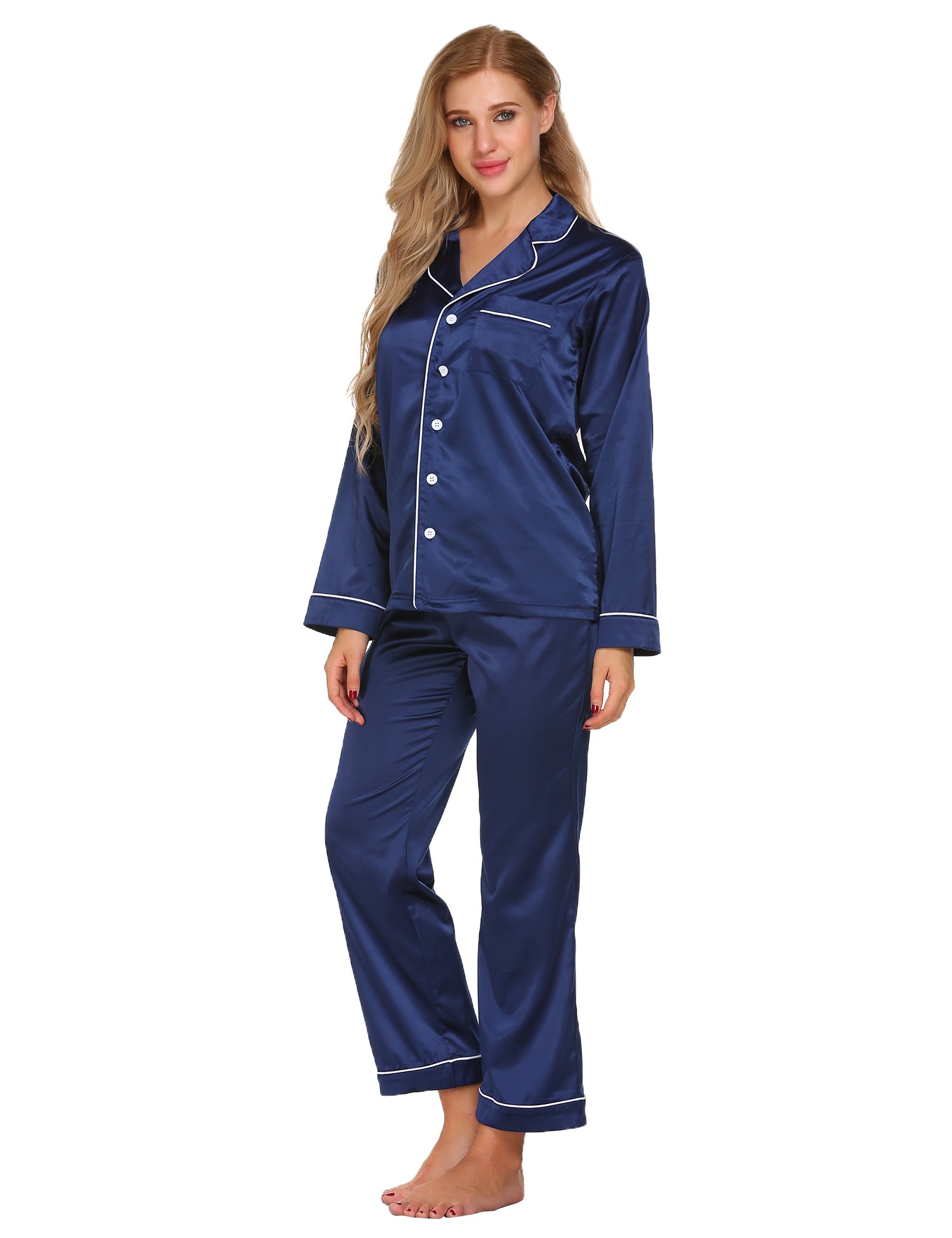 Womens Long Sleeve Sleepwear Satin Pajama Set V Neck Top Elastic Waist Long Pants Button-Down Loungewear