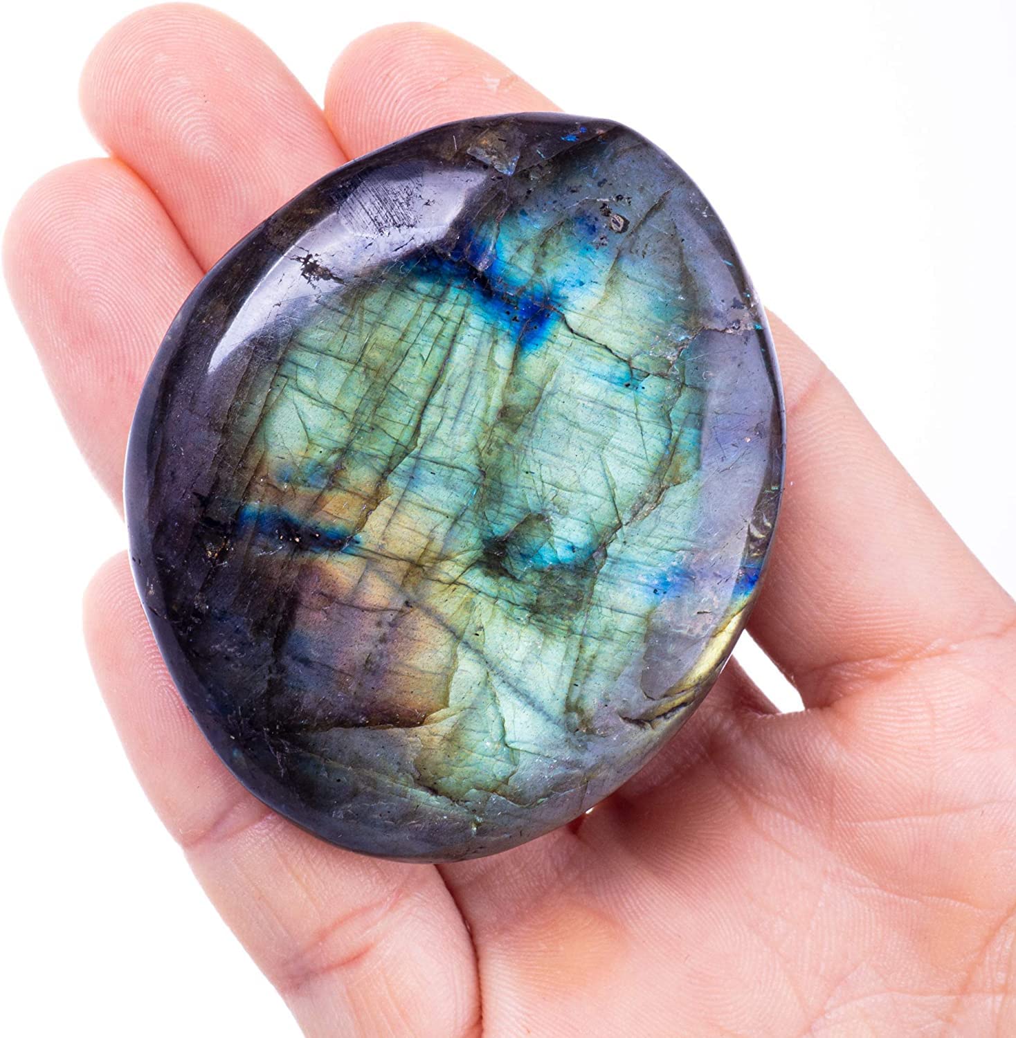 Labradorite Healing Stones, Natural Palm Stone, Healing Crystals Polished Gemstone Irregular Banded Pocket Worry Stones with Energy - Large Size Reiki Crystal Used for Intuition (Palm Stone)