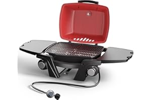 SIXFIVSEVN Portable Gas Grill, Portable Propane Grill, Propane Gas Grill, 24,000 BTU Outdoor Tabletop Small BBQ Grill with Two Burners, Removable Side Tables, Gas Hose and Regulator, Built in Thermometer, Red