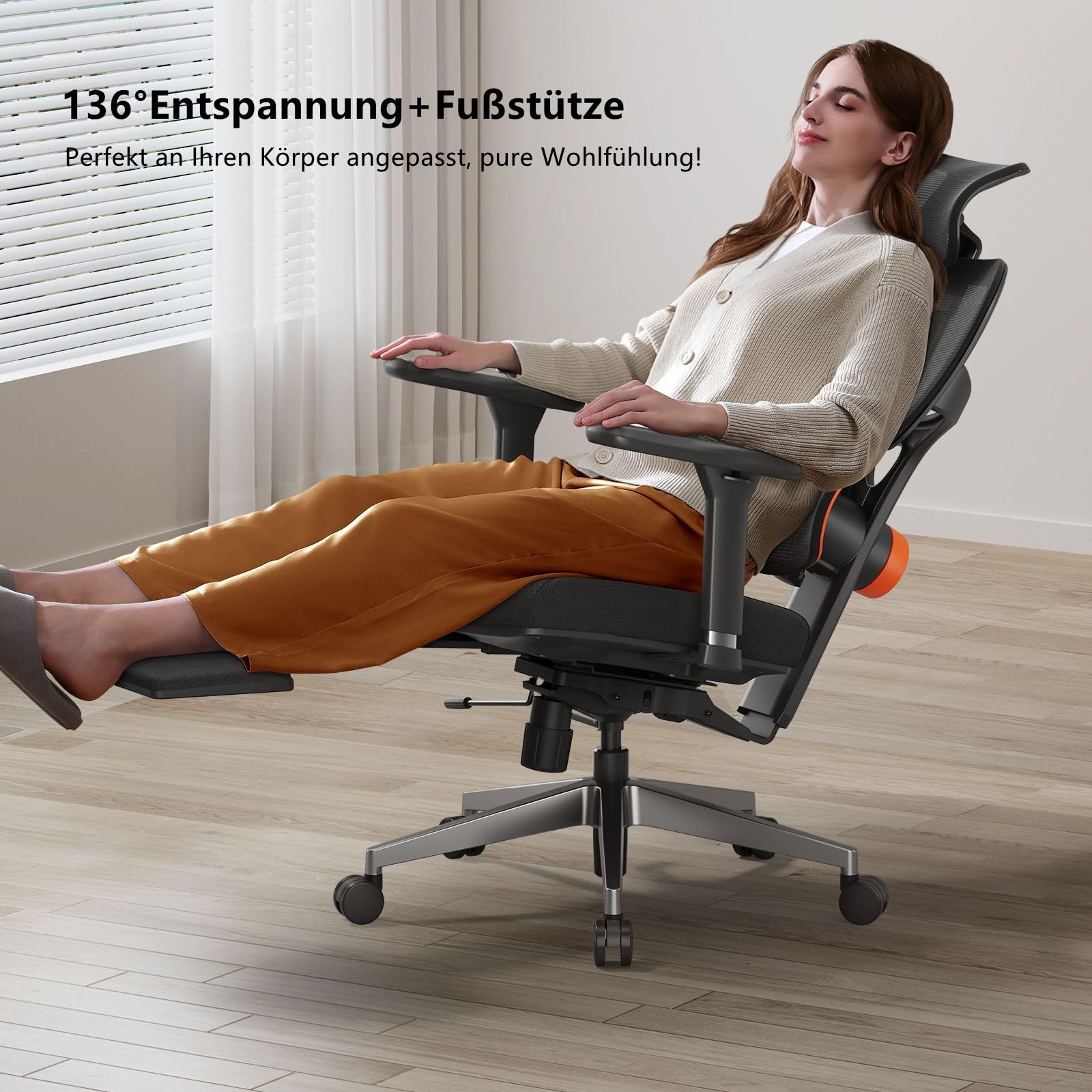 Newtral NT002 Bürostuhl Ergonomisch mit Fußstütze, Ergonomischer Schreibtischstuhl 150kg, Ergonomic Office Chair PC Stuhl mit Verstellbare Kopfstütze Armlehne (NT002 mit Fußstütze, Schwarz) 2