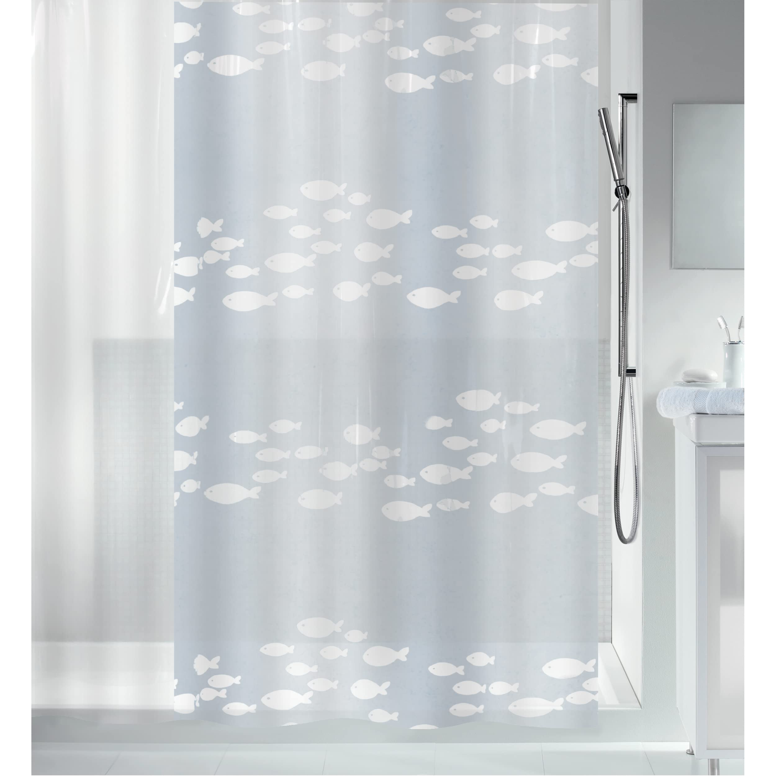 Spirella Anti-Mould Shower Curtain - Anti-Bacterial, Washable, Waterproof, Peva, Sardaigne Fish, 180 x 200 cm, White Transparent