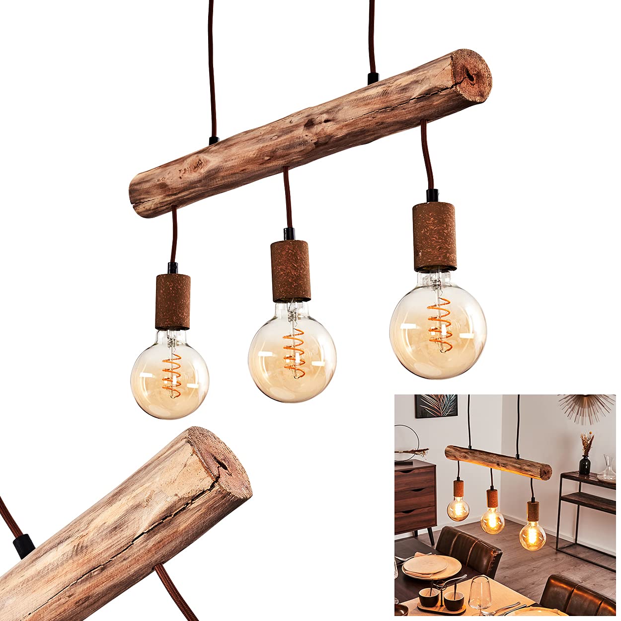 Pendant Light Gondo, Hanging Light Made of Metal/Wood in Rust/Brown, 3-Flame, 3 x E27, Modern Hanging Light, Without Bulbs