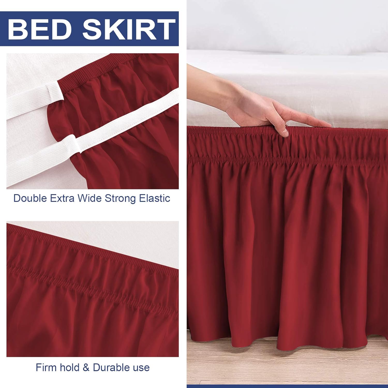 BIGTONE Bed Skirt Wrap Around Elastic Dust Ruffles Solid Color Wrinkle and Fade Resistant with Adjustable Elastic Belt 15 Inch Drop,Queen Size Bed,Burgundy: Kitchen & Dining