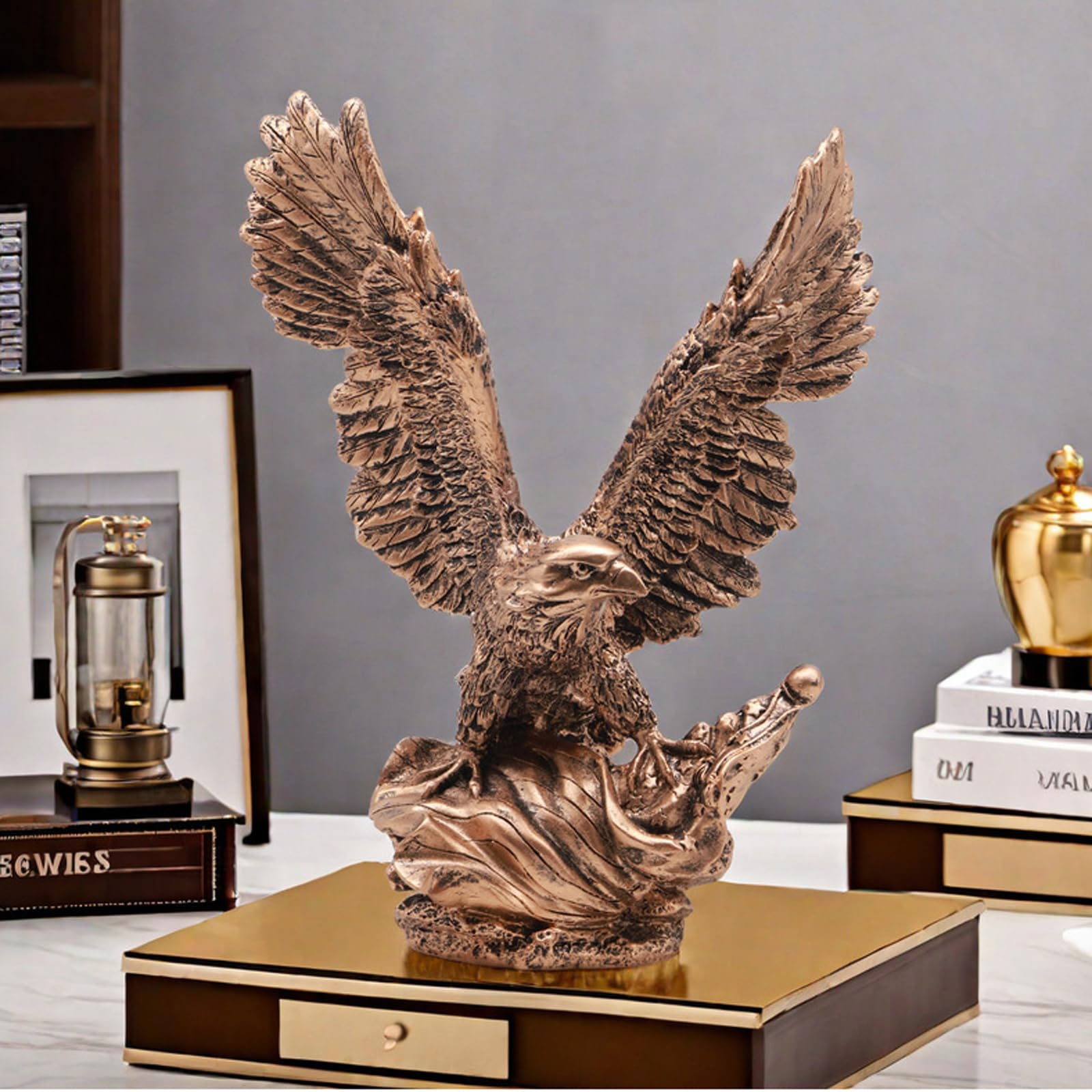 Photo 1 of Dwysswyd 11.1 Inch Resin Eagle Figurine Statue Sculpture Standing on a Flag for Home Decor Office Living Room Decorative Decoration Collectible