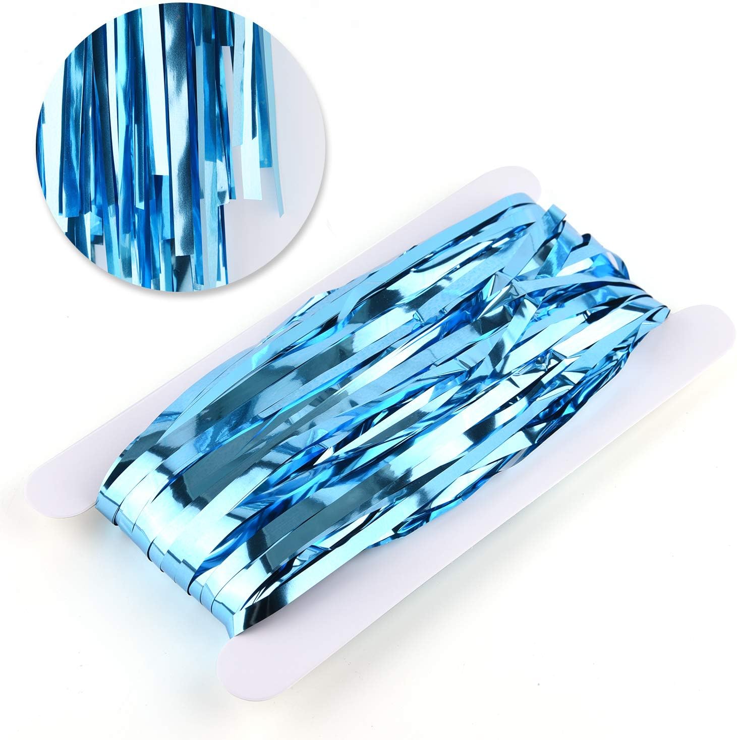 CHRORINE 2pcs 1m x 2.5m Light Blue Metallic Tinsel Foil Fringe Curtains Party Streamers Backdrop for Frozen Mermaid Birthday Baby Shower Bachelorette Bridal Shower Blue Party Decorations - Image 4