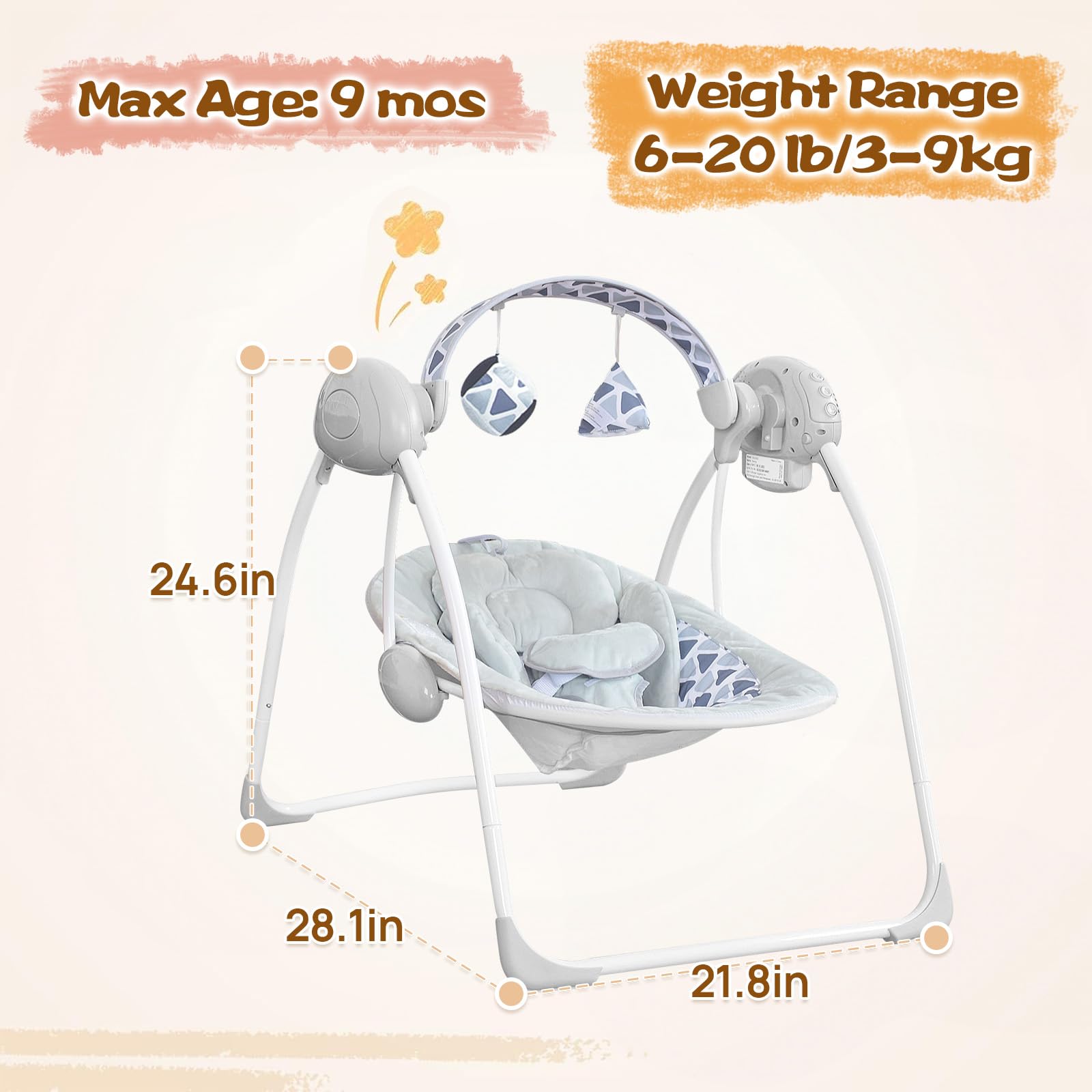 Baby Swings for Infants, Portable Baby Swing Folds Easy with Adaptable Speed, Music,Timer,Baby Swing Indoor/Outdoor,Infant Swing for Babies 0-6 Months 6-20 lbs Grey