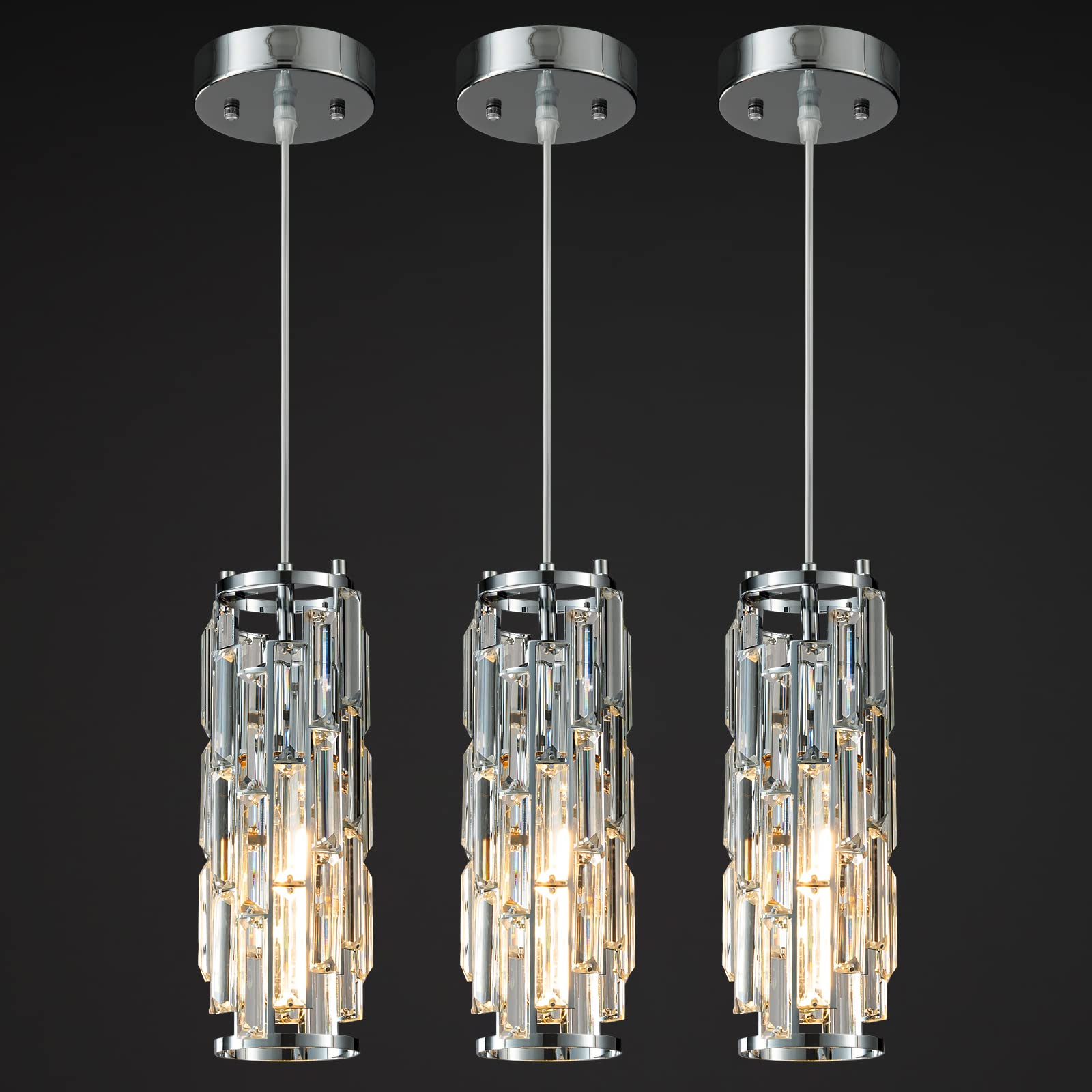 Photo 1 of Pendant Lights Modern Chrome Pendant Light Mini Crystal Chandelier Pendant Lighting for Kitchen Island Dinning Room Bedroom Kitchen Sink Lighting (Chrome 3-Pack)