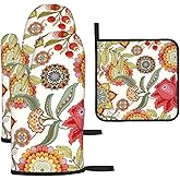 Boho Floral Oven Mitts and Pot Holders Sets of 3 Heat Resistant Hot Pads Colorful Flower Decorative Oven Gloves for Cooking Grilling Baking Kitchen Decor