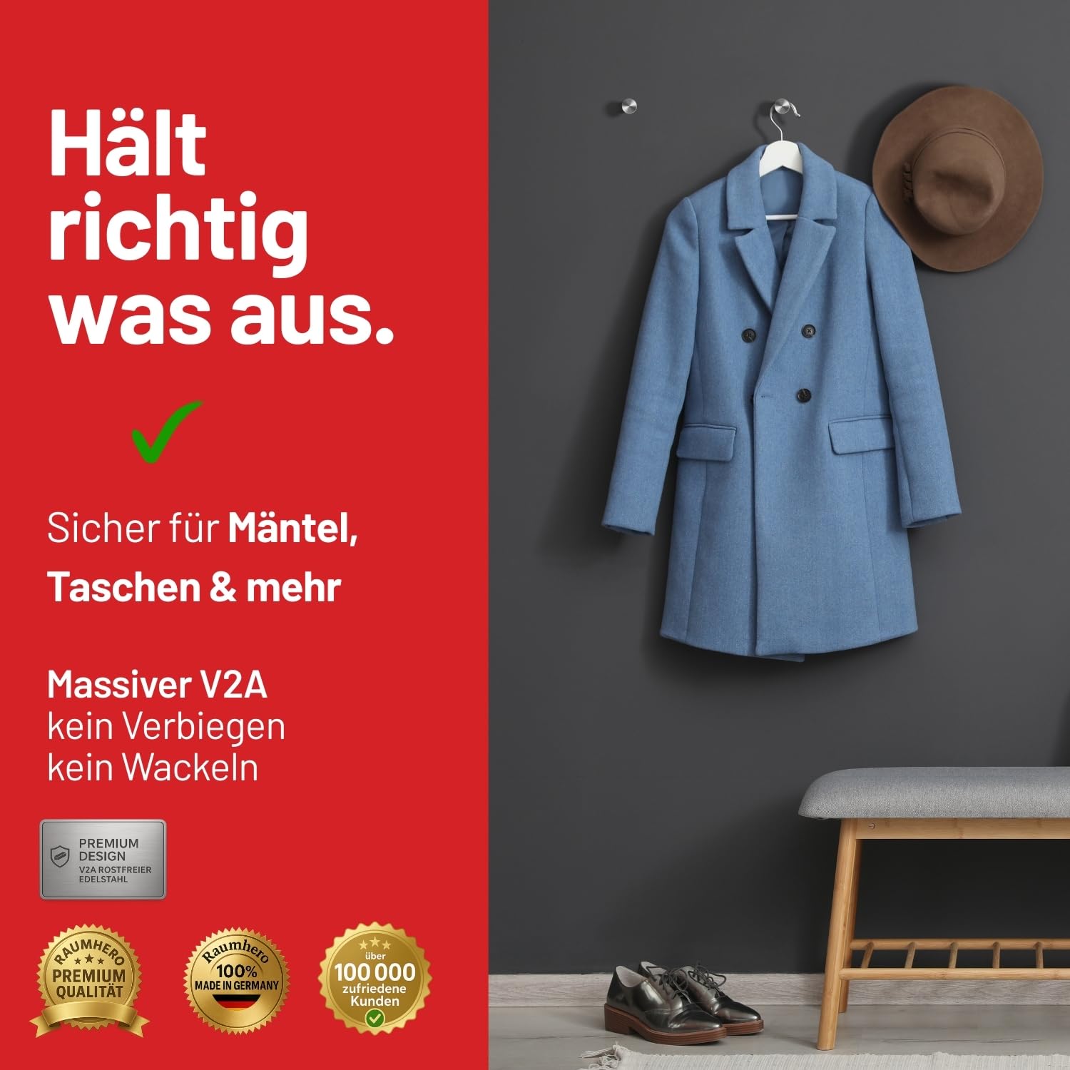 Raumhero Kleiderhaken (4 Stk.) - Garderobenhaken Edelstahl, Handtuchhaken zum Bohren - 100% Made in Germany (Tragkraft bis zu 30 kg) - Extrem vielseitig (inkl. Schrauben, Dübel & Anleitung) 3