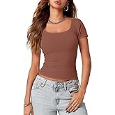 Lynwitkui Womens Scoop Neck Short Sleeve Tops Slim Fit Ribbed Casual Basic T Shirts Tops