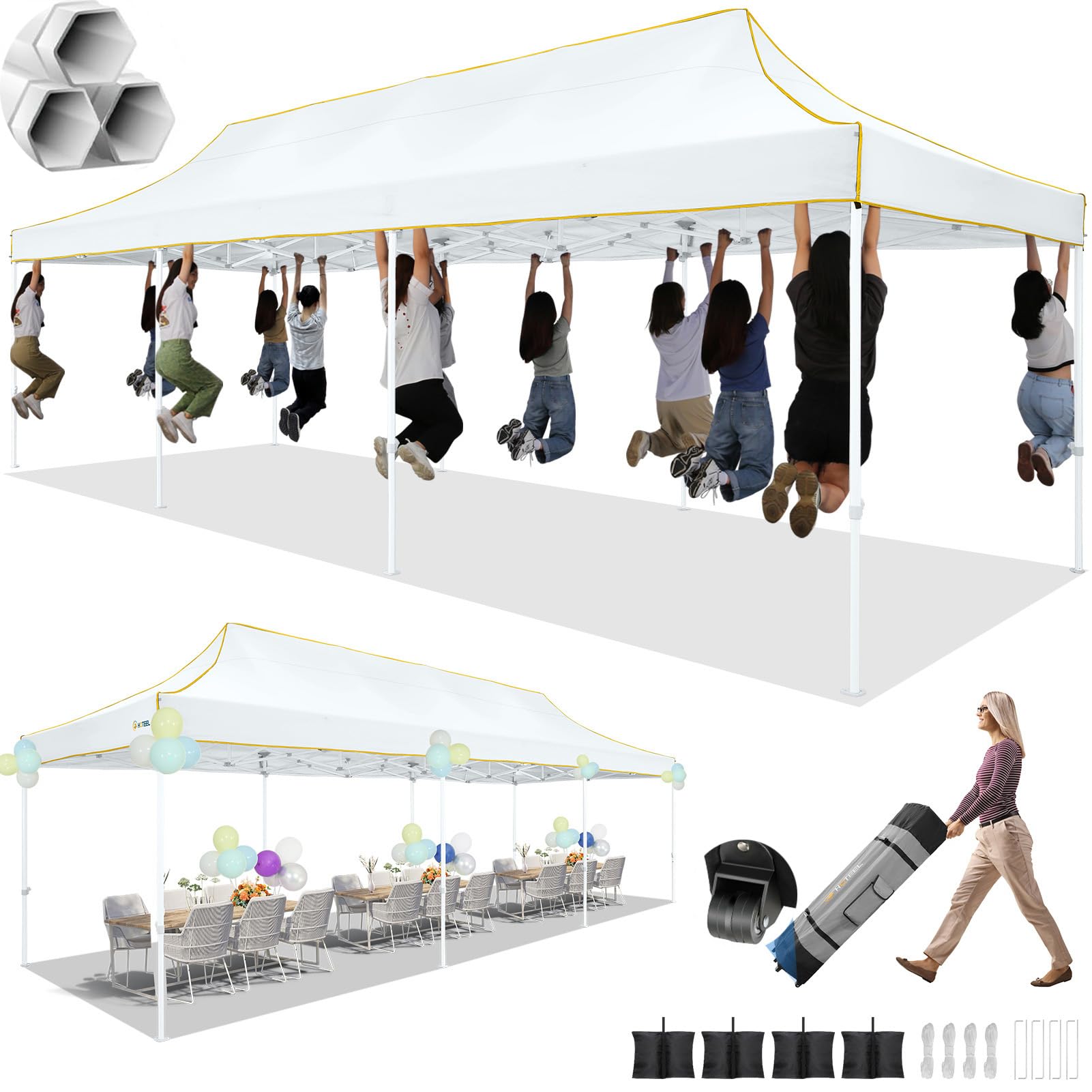 Photo 1 of HOTEEL 10x30 Pop up Canopy Tent for Parties, Heavy Duty Easy Setup Tent Without Sidewalls, Outdoor Commercial Instant Gazebo for Wedding Event, with Portable Bag, White(Hexagonal Frame)