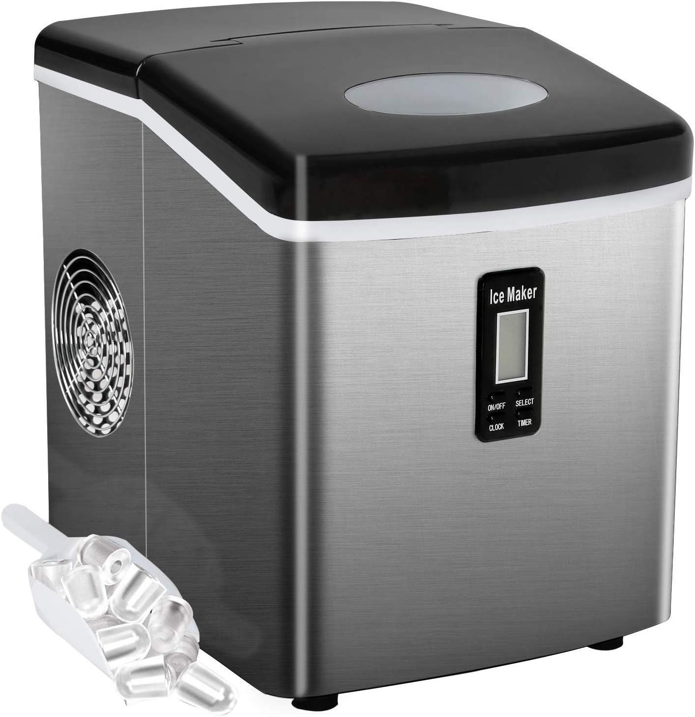 Bossin Countertop Ice Maker Portable Ice Making Machine -Bullet Ice Cubes Ready in 6 Mins - Makes 33 lbs Ice in 24 hrs - Perfect for Home/Office/Bar 2 Qt. Water Tank (High-end Stainless Steel-1)