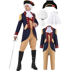 Prylo Senn Mens Founding Father Costume, Adult Colonial Costume Set with Wig Hat Revolutionary War Outfit