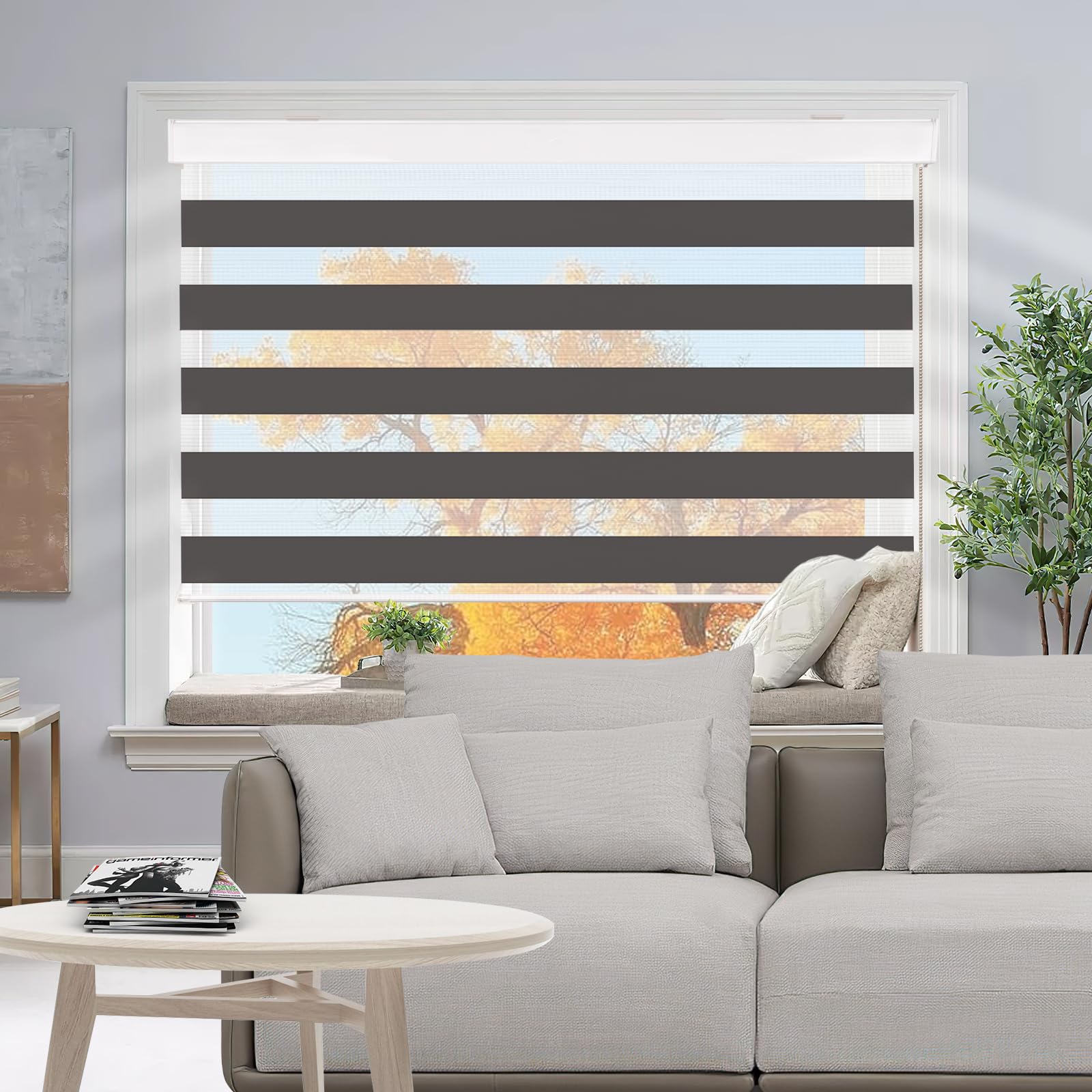 Photo 1 of SUNFREE Zebra Blinds Dual Roller Shades for Windows, Zebra Shade Light Control Window Treatments with Valance Cover, 45" W x 72" H, Black