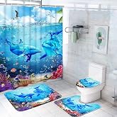 Yddsky Ocean Dolphin Bathroom Shower Curtain Sets for Bathtub,72x72 Inch | Bathroom Shower Curtain Set with 12 Hooks Bath Mat Toilet Cover U Shaped Mat,PEVA Material, 72x72 Inches,Waterproof,anti slip