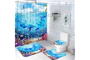 Yizheer 4Pcs Blue Ocean Dolphin Shower Curtain Sets with Rugs, Toilet Lid Cover and Bath Mat, Bathroom Shower Curtains Bathroom Decor Set