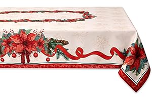 YiHomer Poinsettia Ribbon Engineered Printed Fabric Christmas Tablecloth - Wrinkle Free Table Cloth for Xmas Winter Holiday, 60 x 84 Inch Rectangle