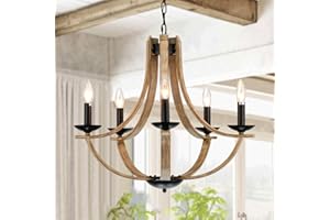LAMPKEDUO Farmhouse Chandeliers for Dining Room Light Fixture, 5-Light 24 inch Faux Wood Texture Hanging Lighting Fixtures, Rustic Candle Chandeliers for Living Room Kitchen Island Foyer Entryway