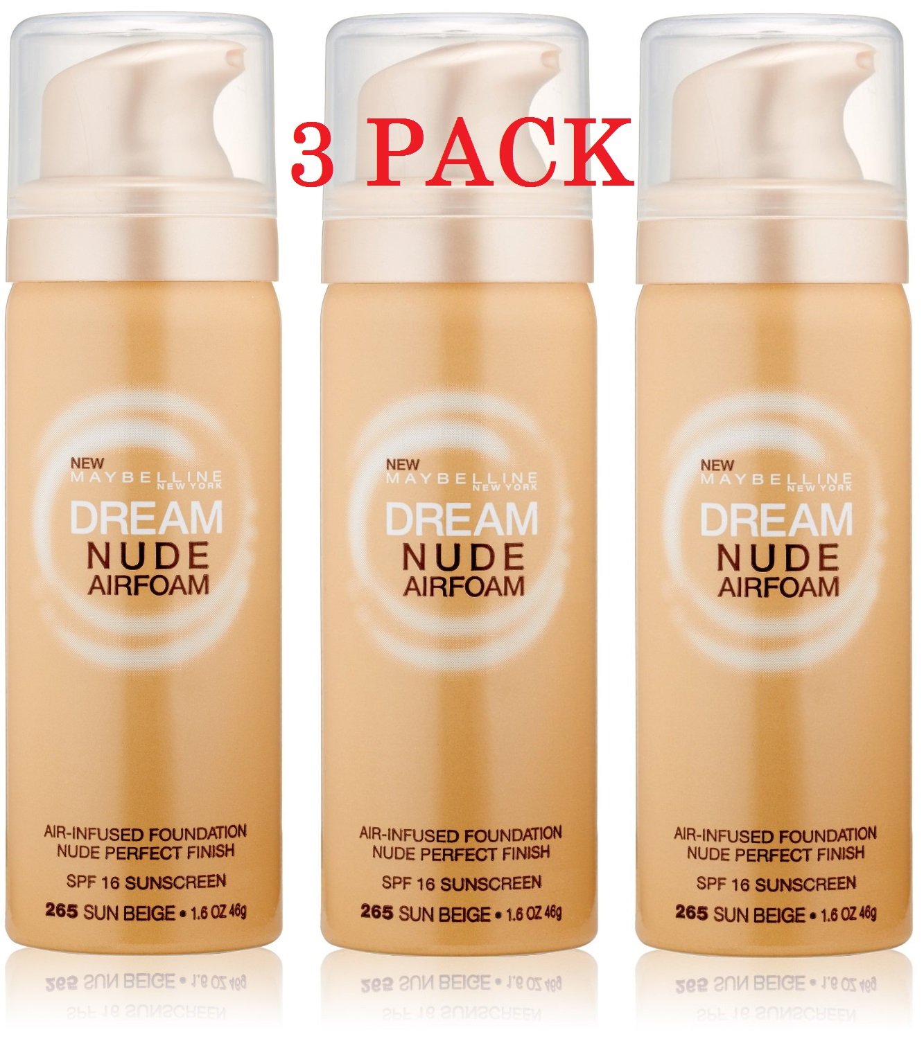Maybelline New York Dream Nude Airfoam Foundation, 265 Sun Beige, 1.6 Ounce (3 Pack)