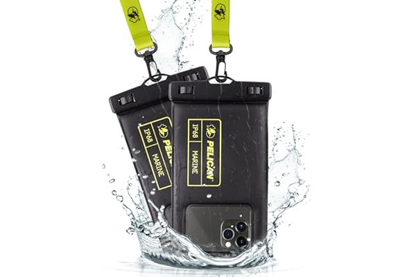 Pelican 2 Pack Marine - IP68 Waterproof Phone Pouch (Regular Size)-Floating Waterproof Phone Case For iPhone 15 Pro Max/ 14 Pro Max/ 13 Pro Max/ 12/ S24 - Detachable Lanyard - Black / Hi-Vis Yellow
