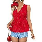 MakeMeChic Women's Boho Top Bow Tie Front Blouse Eyelet Embroidery V Neck Shirt Ruffle Hem Sleeveless Summer Tops
