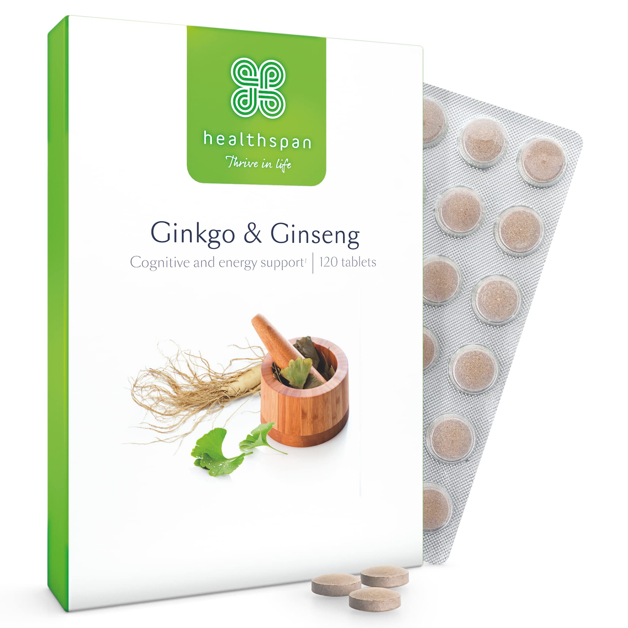 Healthspan Ginkgo & Ginseng Cognitive Support | 120 Tablets | Ginkgo Biloba | Panax Ginseng Extracts | Iodine | Vitamin B3 | Vitamin B5 | Vegan