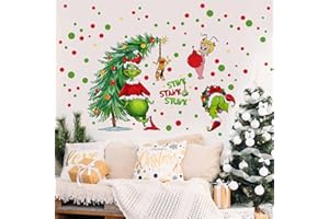 NEWSPIED Merry Christmas Wall Decals Stickers Christmas Grińch Wall Decor Reusable 3D Self-Adhesive Holiday Wall Stickers Christmas Party Decorations Home Kitchen Living Room Wall Art Decor 2 Large Sheets