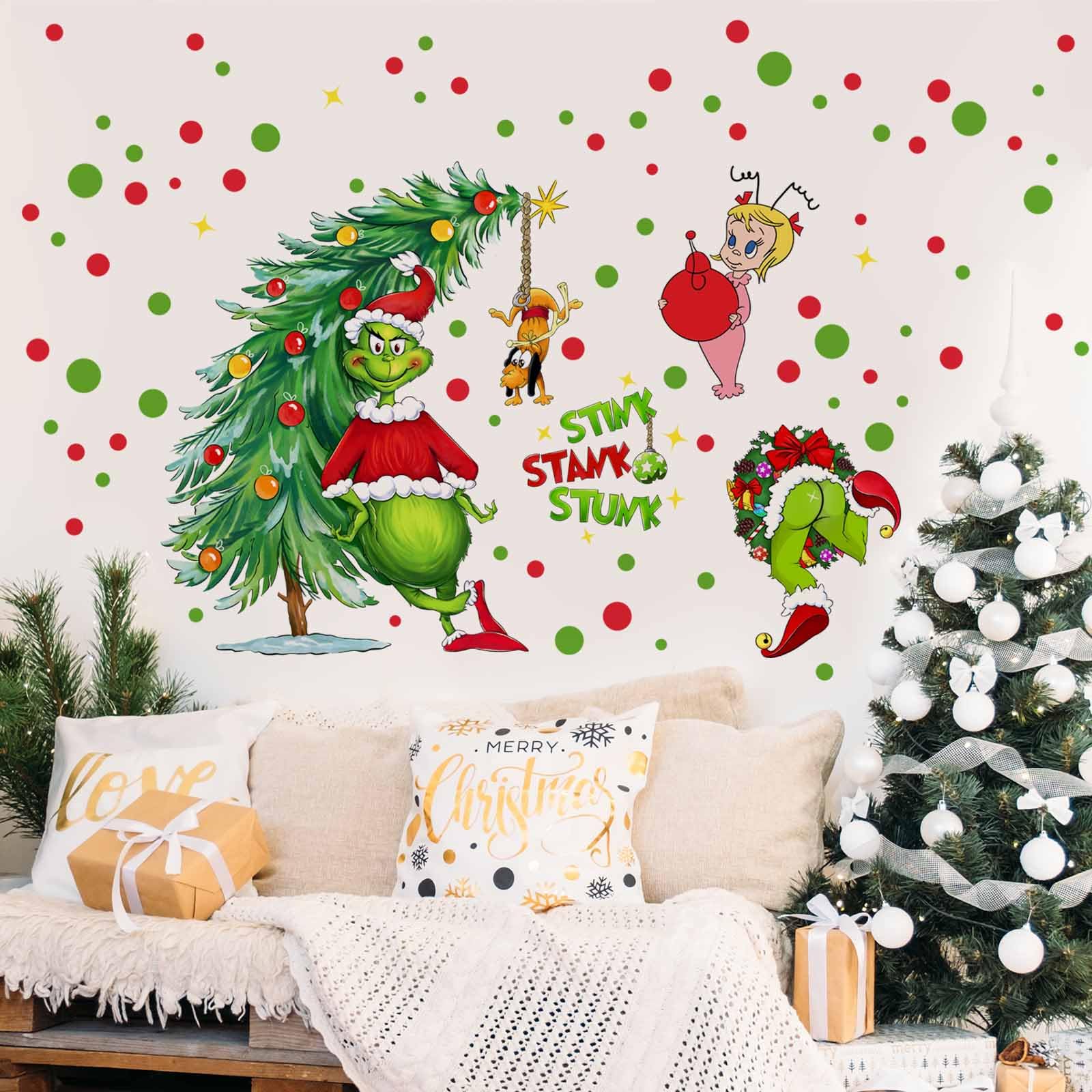 Photo 1 of 2 Large Sheets Christmas Wall Decals Stickers Merry Christmas DIY Watercolor Wall Decorations Removable Christmas Decor Sticker 3D Self-Adhesive Wall Stickers for Living Bathroom Offices Home Decor