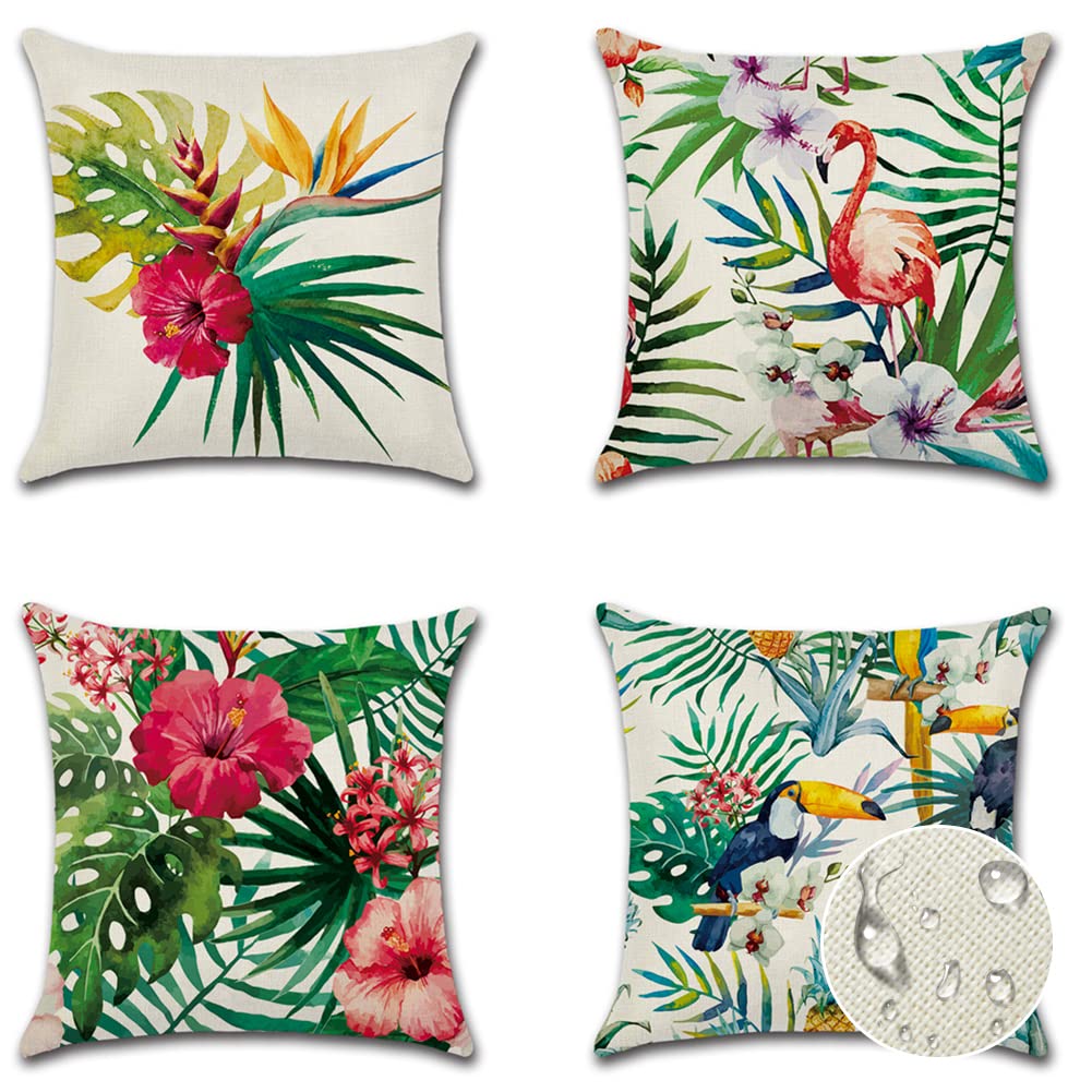 JOTOM Outdoor Decorative Cushion Covers 45x45 cm Tropical Plants Flamingo Waterproof Throw Pillow Covers Garden Patio Pillow Cases for Couch Bench Sofa Indoor Decor Set of 4 (Tropical Plants Flowers)